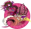 Design of asian dragon and sea wave.